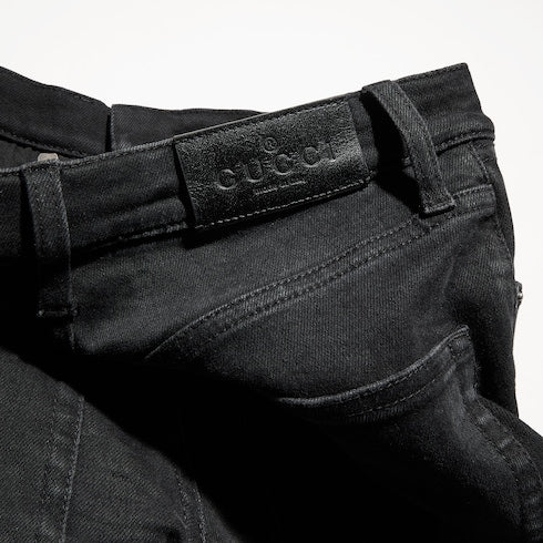 Washed cotton denim skinny pants - black