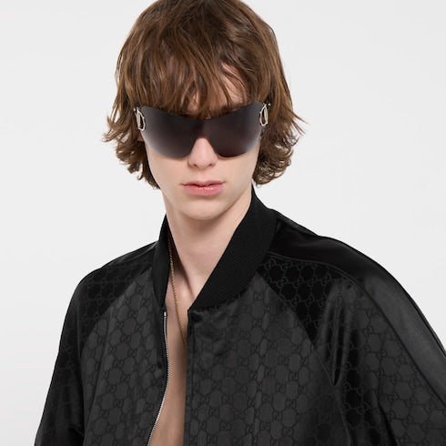 GG cotton satin zip jacket with piping - black