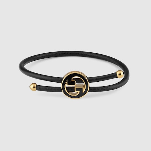 Bracelet with enamel Round Interlocking G - black leather