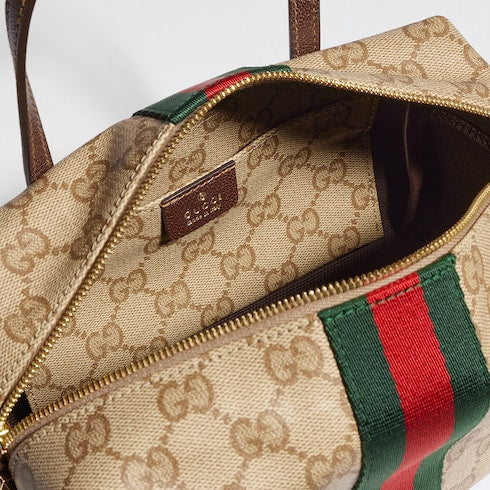 Mini boston bag with Web - sand and brown GG canvas