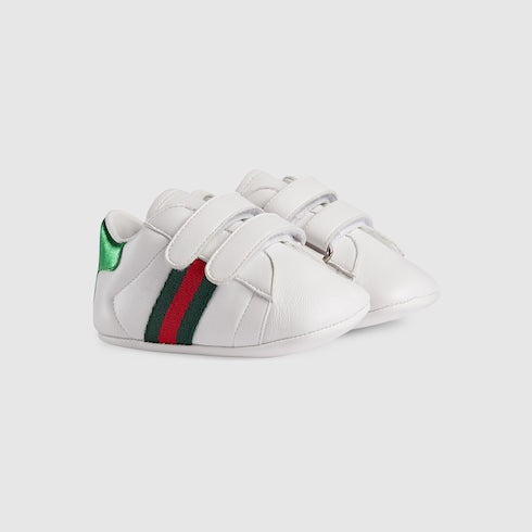 Baby Ace Sneaker White Leather Velcro With Green & Red Web
