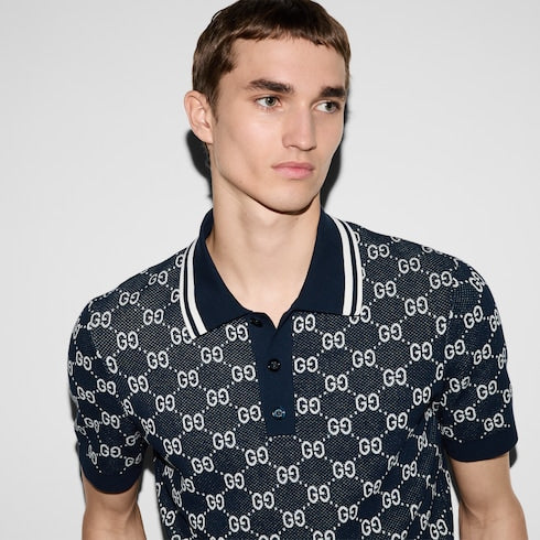 GG cotton knit jacquard polo shirt - navy and white