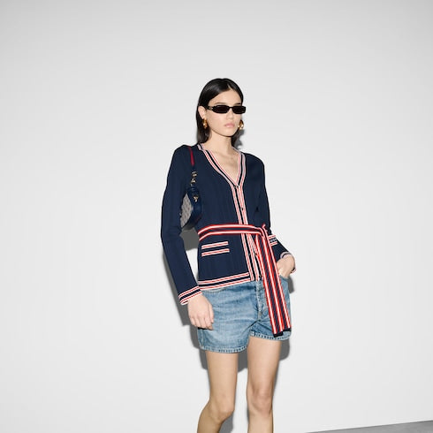 Self-tie cardigan with striped trim - dark blue