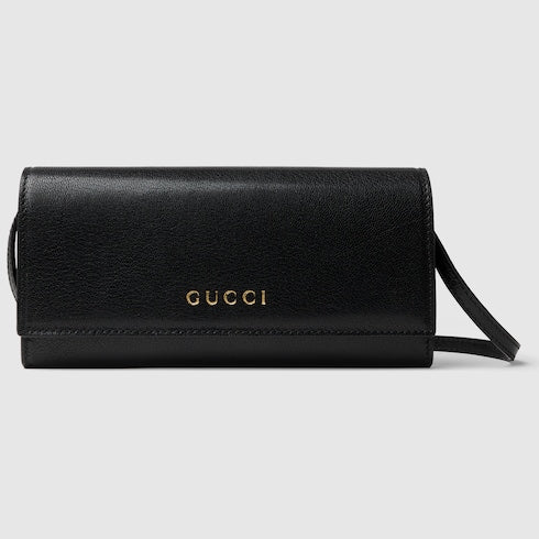 Wallet with strap and Gucci lettering - black leather