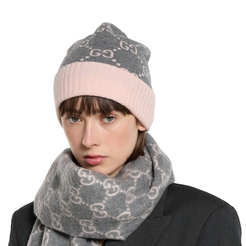 GG cashmere jacquard hat - grey and pink