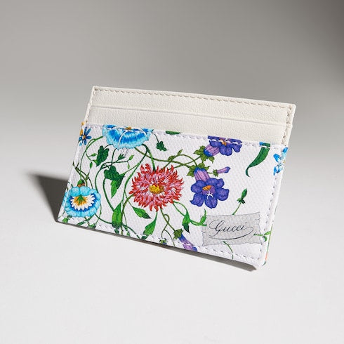 Flora-motif card case - white and multicolor canvas