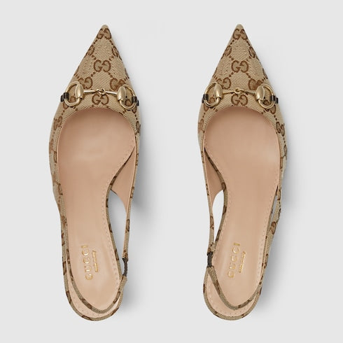 Women's slingback pump with Horsebit - beige and ebony canvas