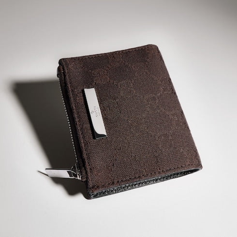 Small wallet with Gucci plaque - dark brown GG canvas