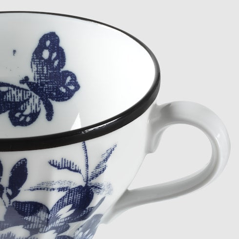 Herbarium teacup and saucer, set of two - blue and white porcelain