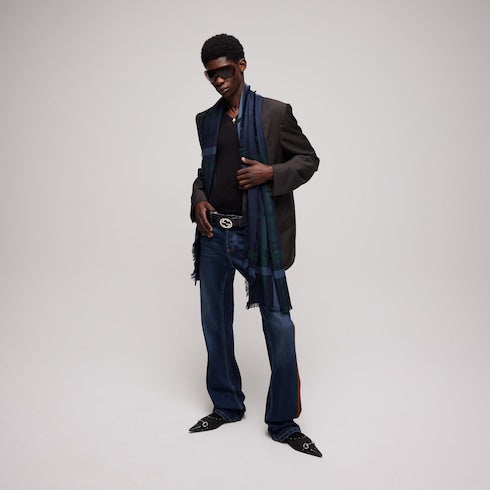 Tartan cashmere jacquard stole - blue