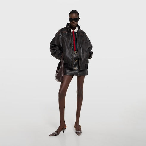 Leather with aged effect bomber jacket - dark brown