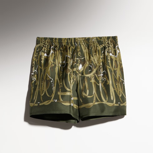 Printed silk twill shorts - dark green and beige