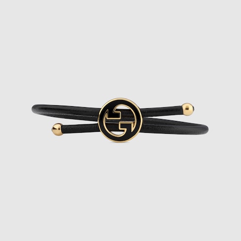 Bracelet with enamel Round Interlocking G - black leather