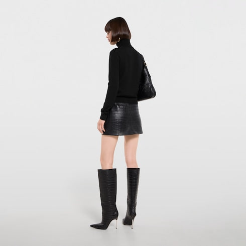Knit wool turtleneck with embroidery - black