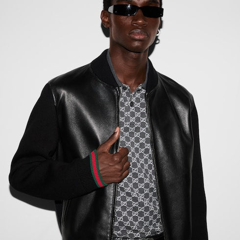 Nappa leather and knit bomber jacket - black