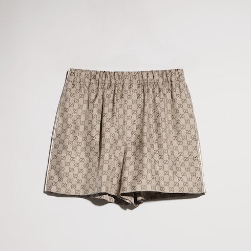 Printed silk twill shorts - beige and dark brown