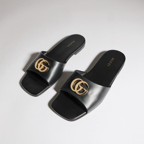 Women's slide sandal with Double G - black leather