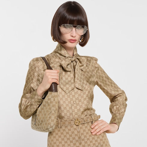 Thin belt with Interlocking G buckle - sand GG canvas