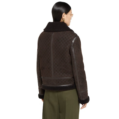 Printed suede shearling jacket - dark brown