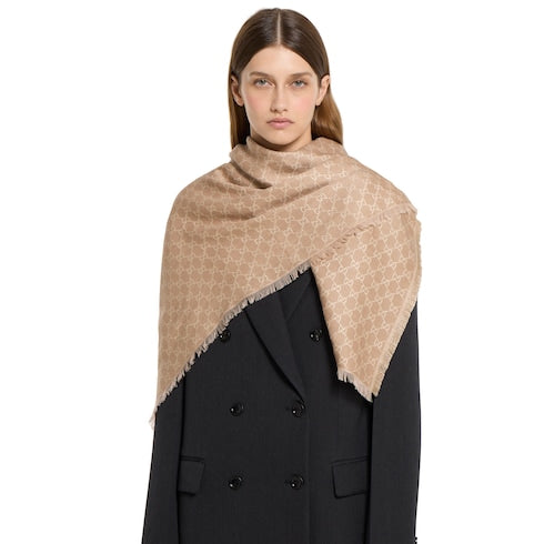 Printed GG cotton wool lamé shawl - beige
