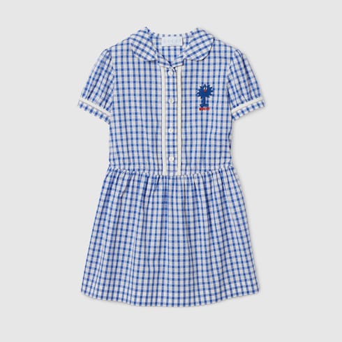 Children's gingham cotton dress - light blue and white