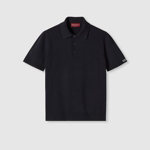 Silk cotton knit polo shirt - navy