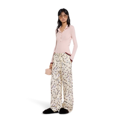 Printed silk twill pants - white