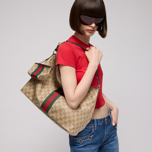 Large shoulder bag with Web - sand and brown GG canvas