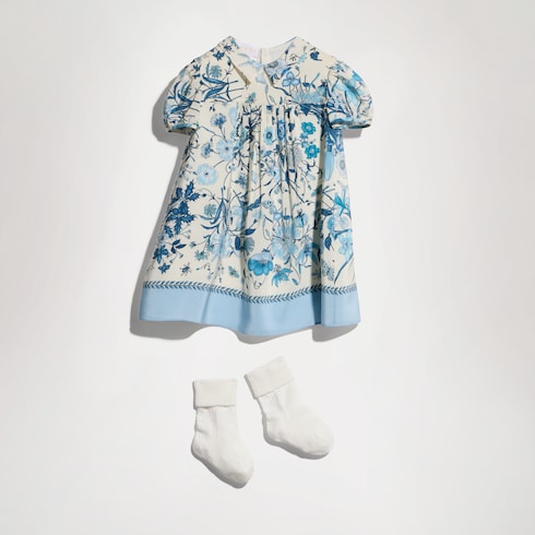 Baby printed crêpe de chine dress - white and light blue