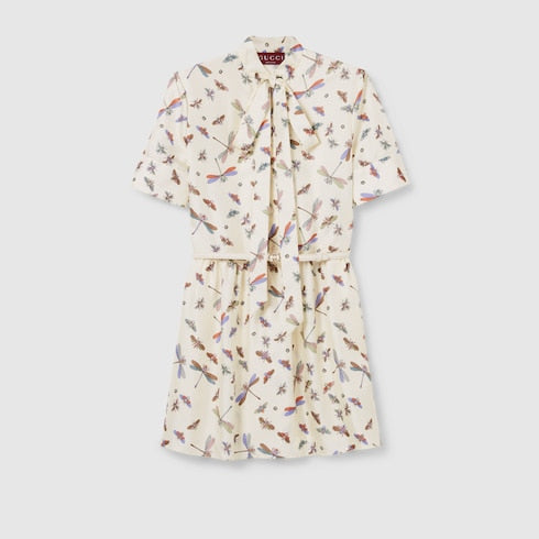Printed silk twill dress - white