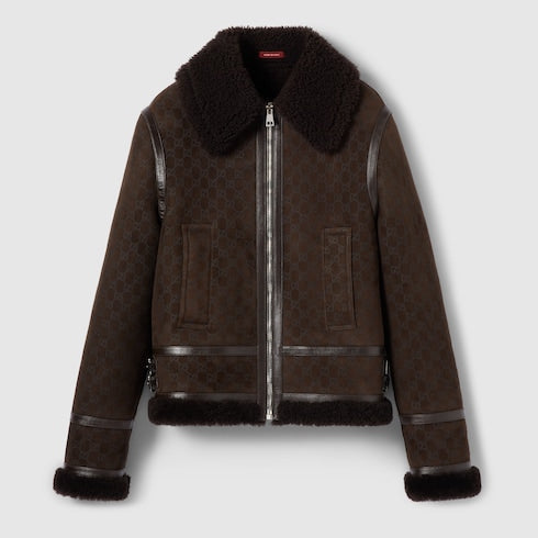 Printed suede shearling jacket - dark brown