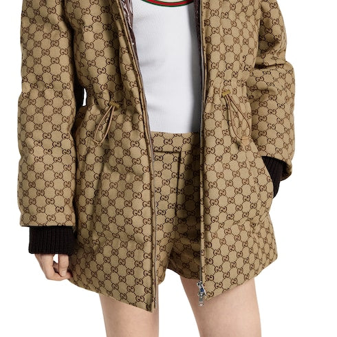 GG canvas puffer jacket - camel and dark brown