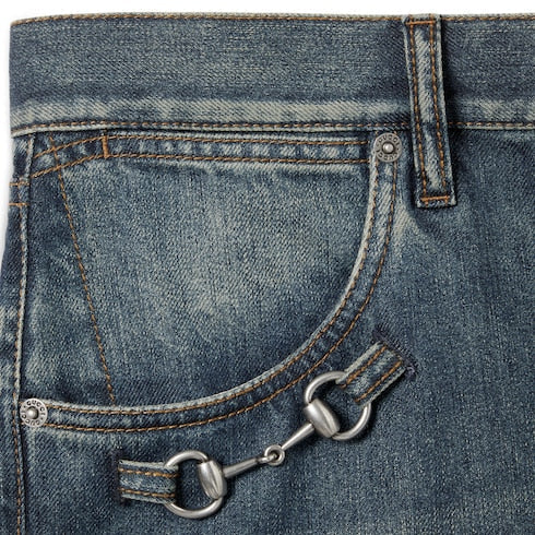 Cotton denim pants with Horsebit detail - blue