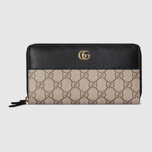 Bi-color GG Marmont zip around wallet - beige and black leather
