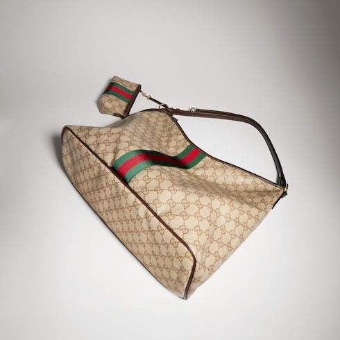 Large shoulder bag with Web - sand and brown GG canvas