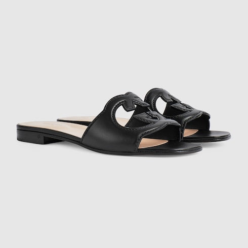 Women's slide sandal with Interlocking G - black leather