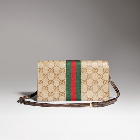 Small pouch with strap and Web - sand and brown GG canvas