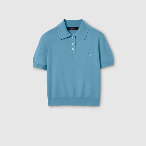 Knit wool polo shirt with embroidery - light blue