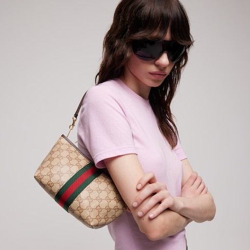 Small pouch with strap and Web - sand and brown GG canvas