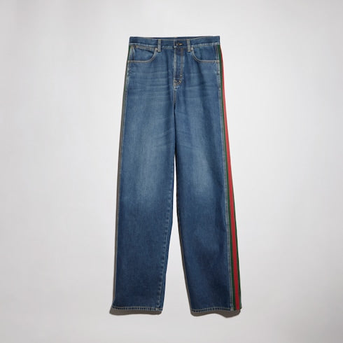 Cotton denim pants with Web insert - blue