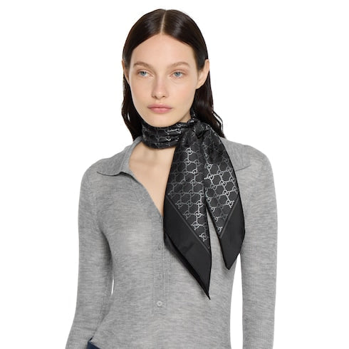 Laminated printed silk twill carré - black