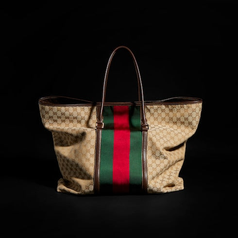 Medium GG duffle bag with Web - sand and brown GG canvas
