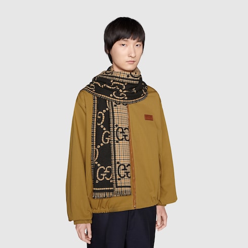 Check GG wool scarf - black and beige