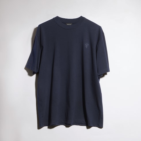 Cotton silk jersey T-shirt with embroidery - dark blue