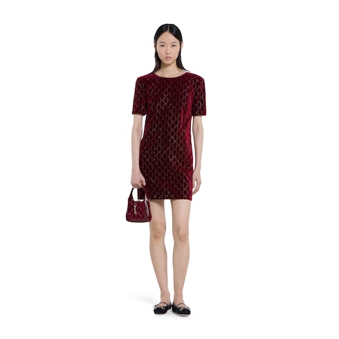 Embroidered cotton velvet dress - Gucci Rosso Ancora red