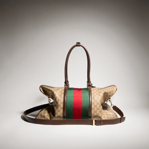 Medium GG duffle bag with Web - sand and brown GG canvas