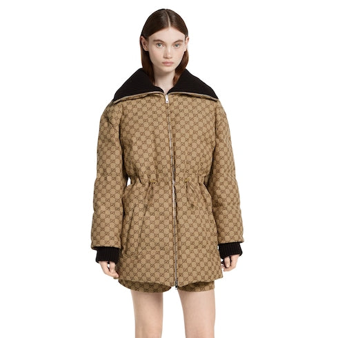 GG canvas puffer jacket - camel and dark brown