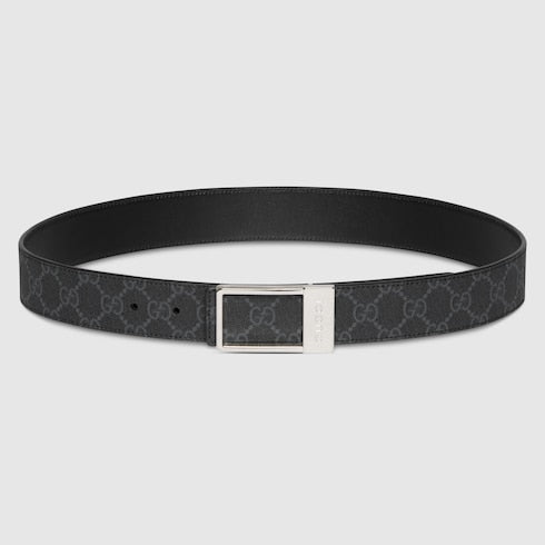 Reversible belt with rectangular buckle - black GG Supreme and leather