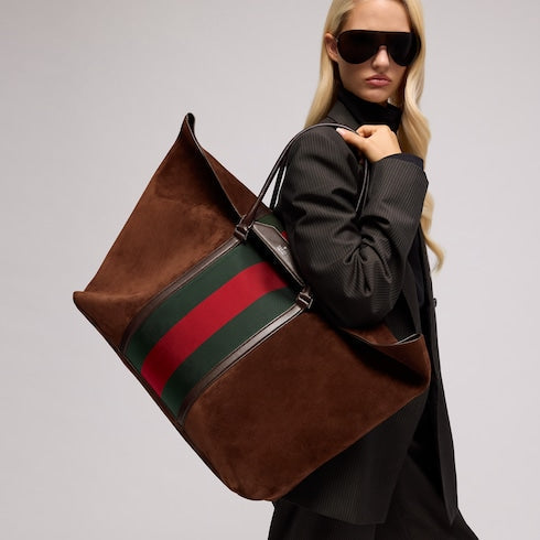 Medium duffle bag with Web - brown suede