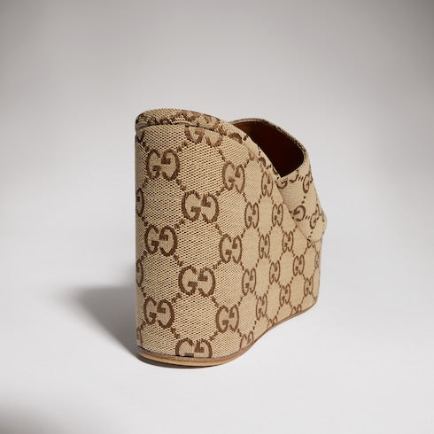 Women's wedge sandal with Horsebit - beige and dark brown GG canvas